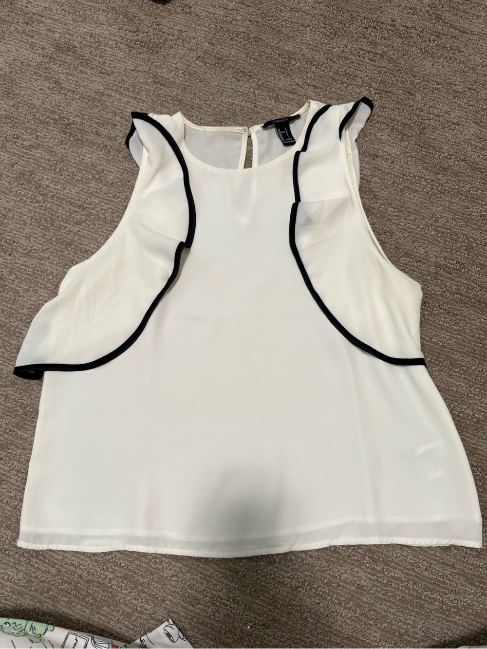 Forever 21 White Sleeveless Ruffle Top with Black Trim